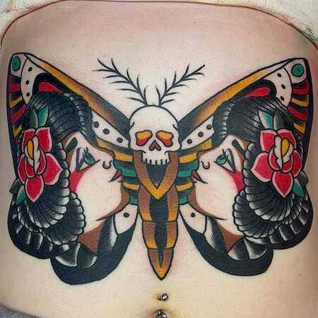 Skull Butterflies Stomach Tattoo | lionspawtattoo